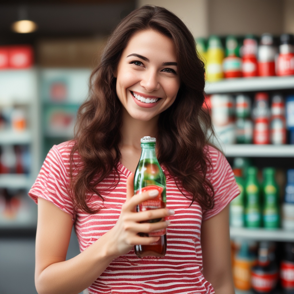 smiling woman holding soda bottle